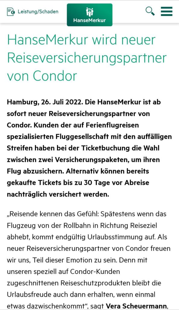 Screenshot of a HanseMerkur press release